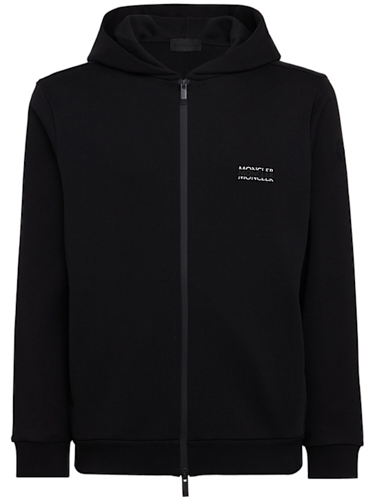 Moncler: Logo cotton fleece zip-up hoodie - 黑色 - men_0 | Luisa Via Roma