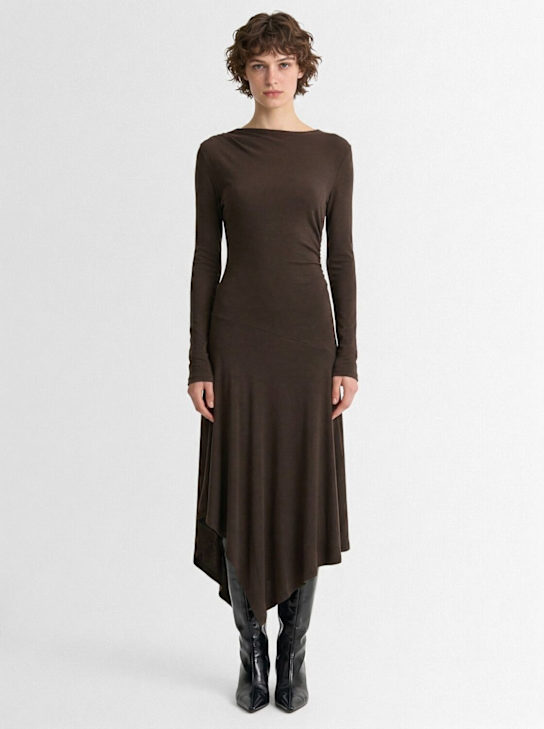 Tonywack: Robe longue drapée en laine mélangée - Marron - women_1 | Luisa Via Roma