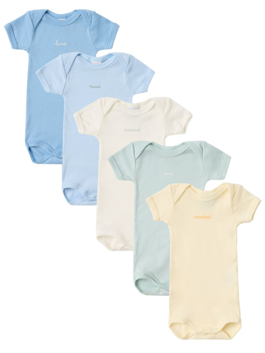 Petit Bateau: Set of 5 printed cotton bodysuits - Ylw/Grn/Blu - kids-boys_0 | Luisa Via Roma