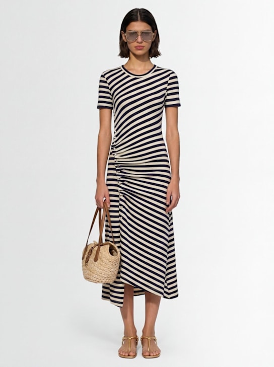 Rabanne: Striped draped midi dress - ホワイト/ネイビー - women_1 | Luisa Via Roma