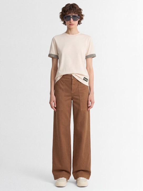 Moncler: Crochet-Trimmed cotton logo t-shirt - White Ivory - women_1 | Luisa Via Roma