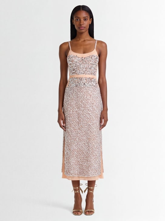 Rabanne: Vestido largo con lentejuelas - Plata/Beige - women_1 | Luisa Via Roma
