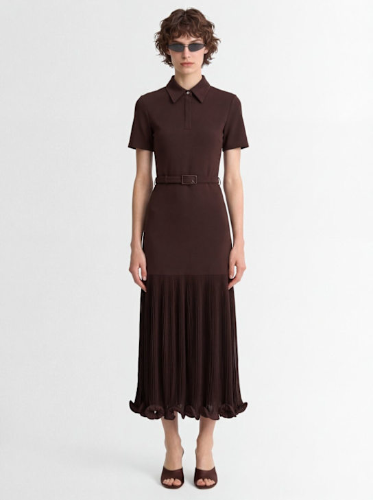 Rowen Rose: Jersey & pleated georgette polo dress - Brown - women_1 | Luisa Via Roma
