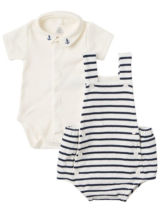 Petit Bateau: Striped cotton overalls & shirt - Beige/Blue - kids-girls_1 | Luisa Via Roma