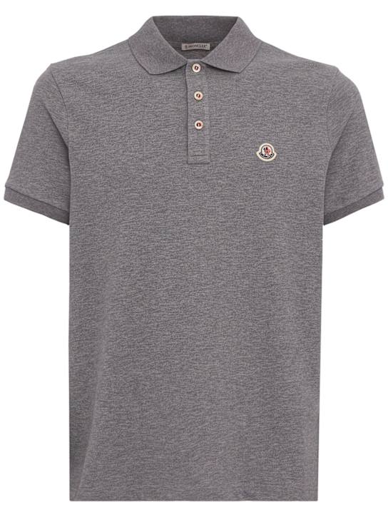 Moncler: Logo patch cotton polo shirt - 灰色 - men_0 | Luisa Via Roma