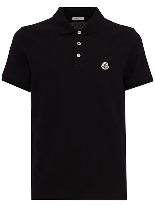 Moncler: Logo patch cotton polo shirt - 黑色 - men_0 | Luisa Via Roma