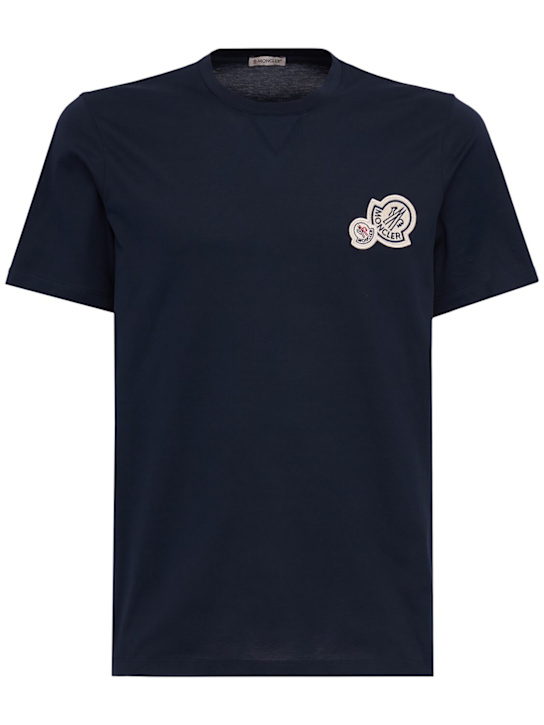 Moncler: Double logo patch cotton t-shirt - Bleu Foncé - men_0 | Luisa Via Roma