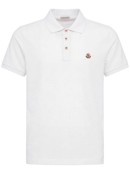 Moncler: Logo patch cotton polo shirt - 白色 - men_0 | Luisa Via Roma