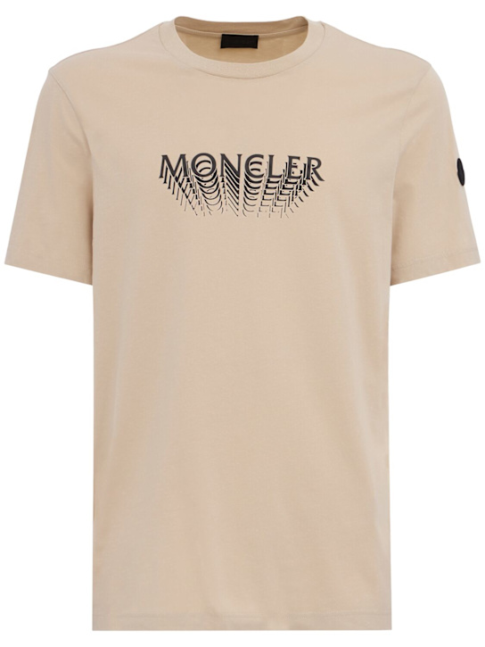 Moncler: Logo cotton jersey t-shirt - 浅米黄色 - men_0 | Luisa Via Roma