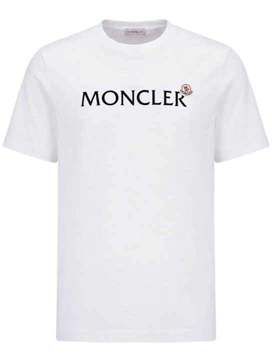 Moncler: Flocked logo cotton t-shirt - ホワイト - men_0 | Luisa Via Roma