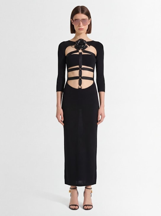 Roberto Cavalli: Harness stretch wool crepe long dress - Black - women_1 | Luisa Via Roma