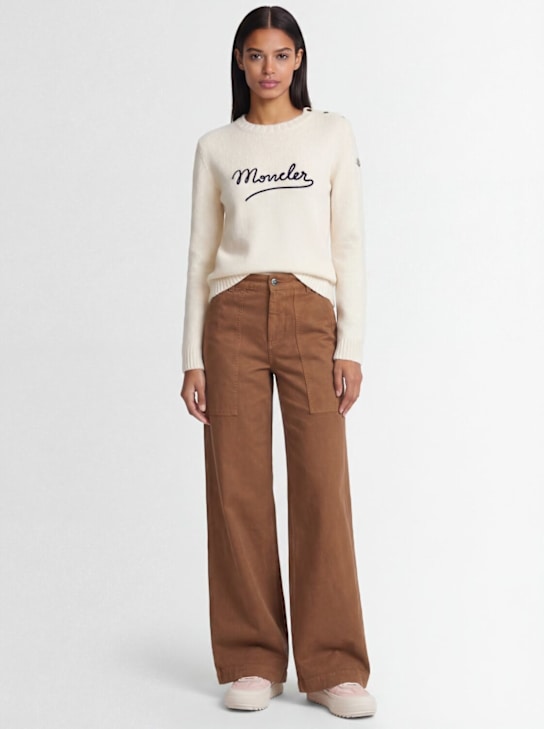 Moncler: Embroidered logo cotton blend sweater - White - women_1 | Luisa Via Roma