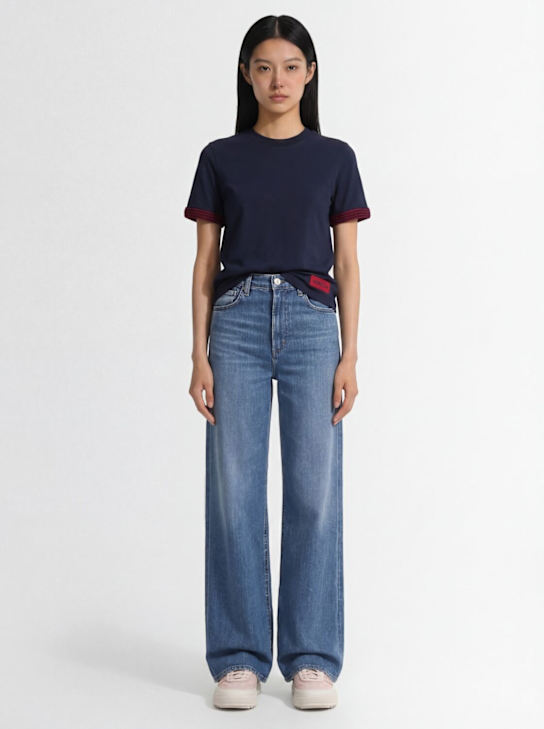 Moncler: 勾编饰边棉质 Logo T 恤 - 深蓝色 - women_1 | Luisa Via Roma