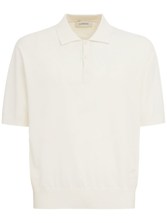 Laneus: Knitted cotton polo shirt - Blanc - men_0 | Luisa Via Roma