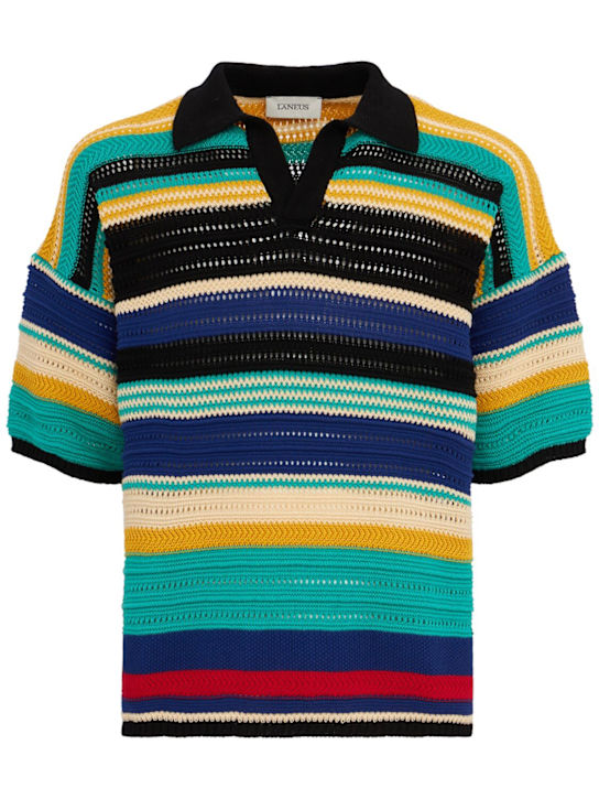Laneus: Striped knit cotton polo shirt - Multicolor - men_0 | Luisa Via Roma