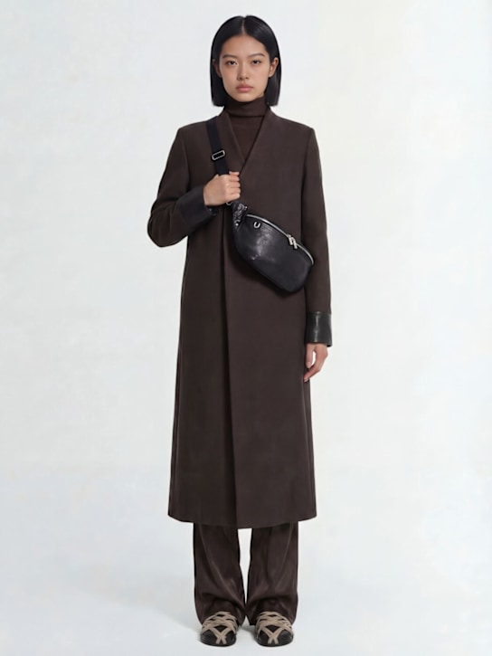Rick Owens: Museum collarless boiled wool long coat - Brown - women_1 | Luisa Via Roma