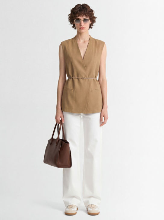 Fabiana Filippi: Viscose & linen vest w/ leather belt - 棕色 - women_1 | Luisa Via Roma
