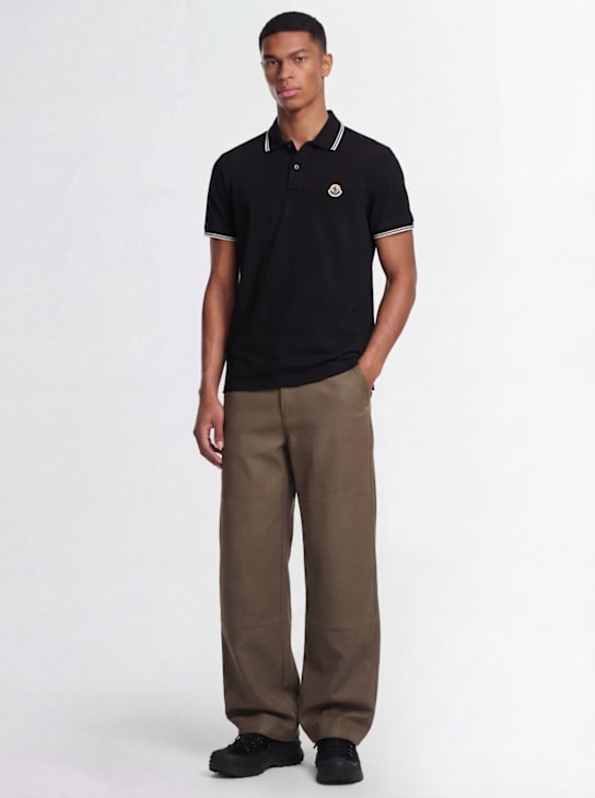Moncler: Logo patch cotton polo shirt - Schwarz - men_1 | Luisa Via Roma