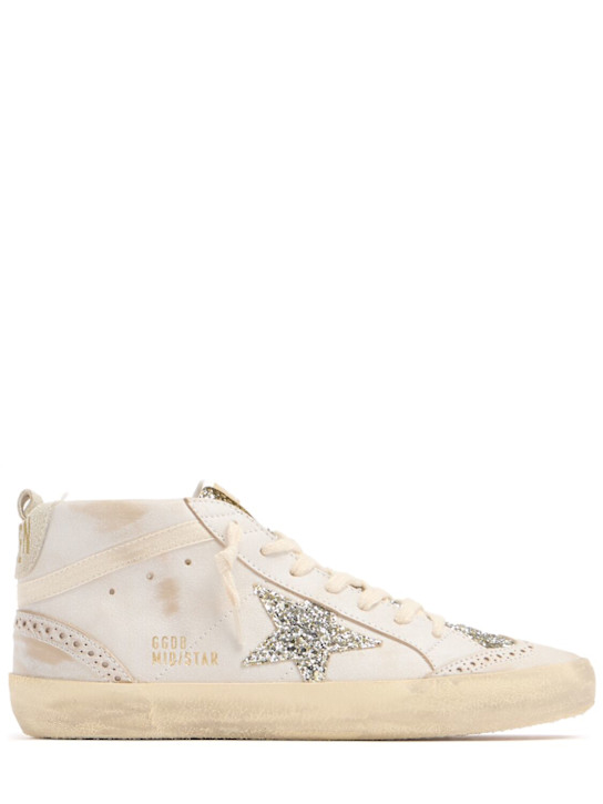 Golden Goose: Mid Star leather & glitter sneakers - 米黄色/白金色 - women_0 | Luisa Via Roma