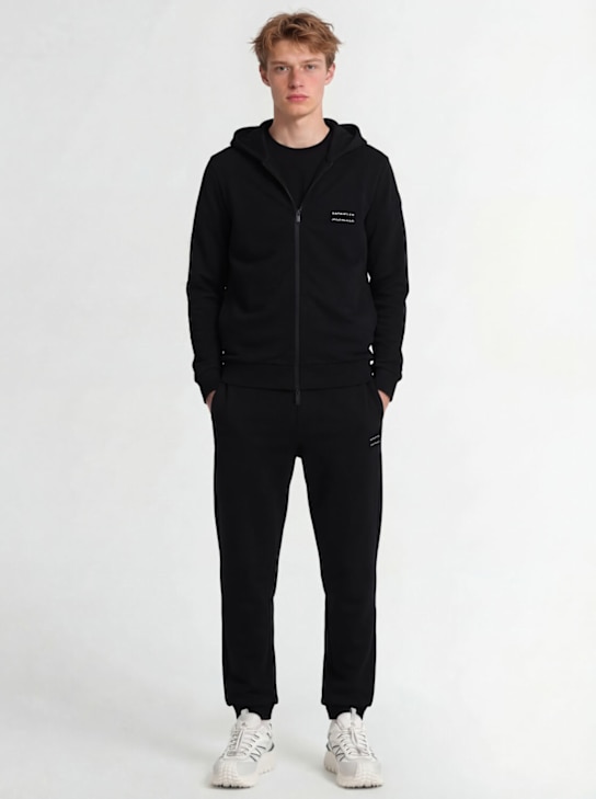Moncler: Logo cotton fleece zip-up hoodie - 黑色 - men_1 | Luisa Via Roma