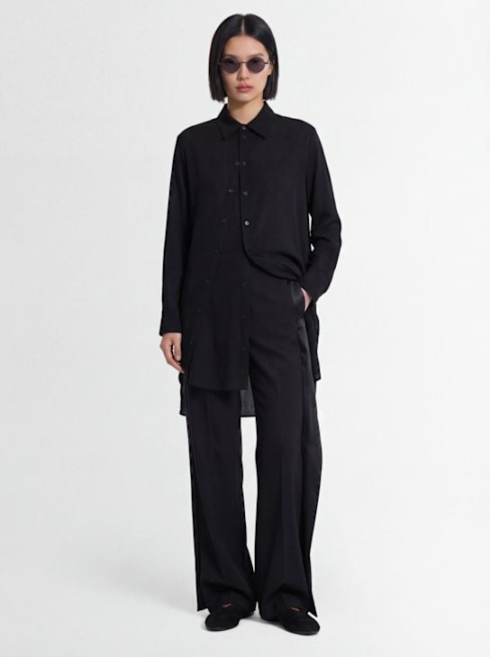 MM6 Maison Margiela: Light wool blend folded wide pants - Black - women_1 | Luisa Via Roma