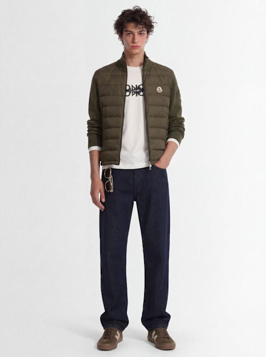 Moncler: Padded zip-up cotton blend down cardigan - Olive Green - men_1 | Luisa Via Roma