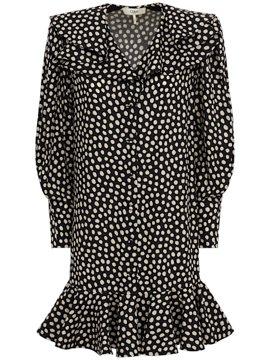 Chloé: Dot print silk jacquard mini dress - Black/Beige - women_0 | Luisa Via Roma