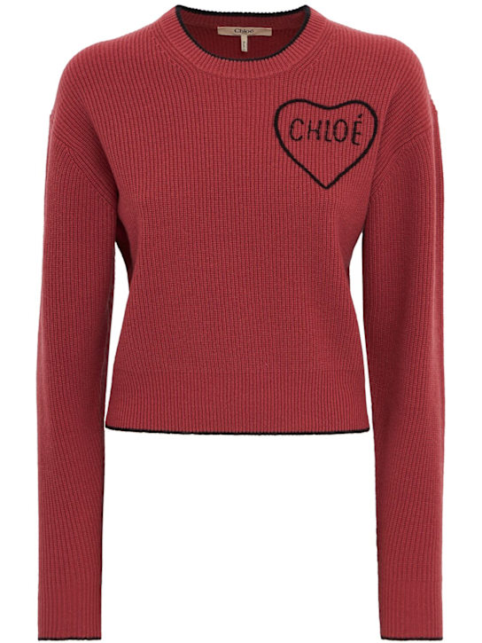 Chloé: 刺绣logo羊毛混纺针织毛衣 - 粉色 - women_0 | Luisa Via Roma