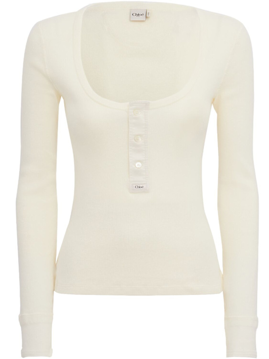 Chloé: 罗纹棉质针织长袖上衣 - 白色 - women_0 | Luisa Via Roma