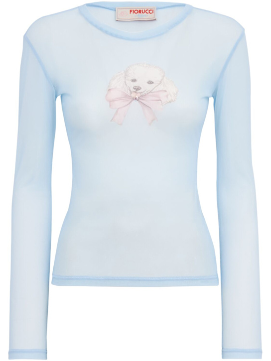 Fiorucci: Poodle print long sleeve tulle top - Azul/Multi - women_0 | Luisa Via Roma