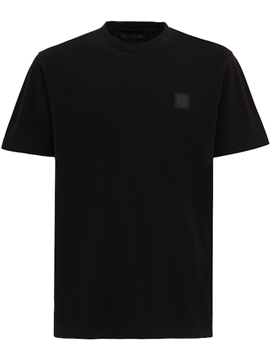 Stone Island: 短袖绉纱棉质针织T恤 - 黑色 - men_0 | Luisa Via Roma