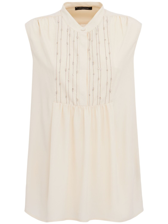 Fabiana Filippi: Crepe de chine long top w/ lace trim - 白色 - women_0 | Luisa Via Roma