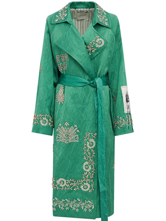 Erdem: Embellished textured satin trench coat - 绿色/多色 - women_0 | Luisa Via Roma