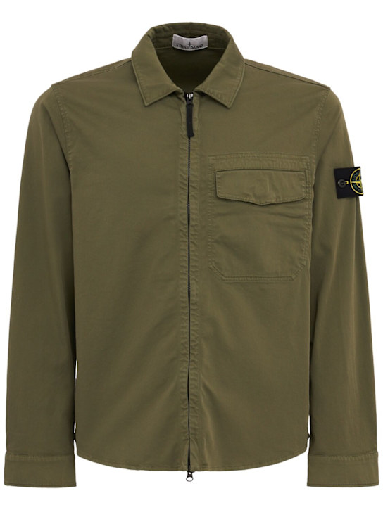 Stone Island: Logo cotton zip-up shirt jacket - Military Green - men_0 | Luisa Via Roma