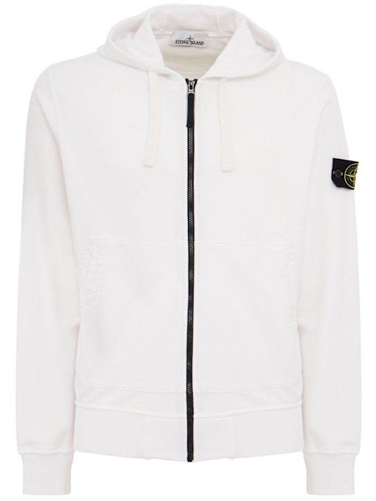 Stone Island: Logo棉质拉链开合连帽卫衣 - 白色 - men_0 | Luisa Via Roma