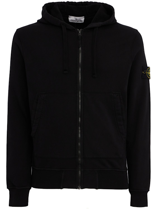 Stone Island: Logo棉质拉链开合连帽卫衣 - 黑色 - men_0 | Luisa Via Roma