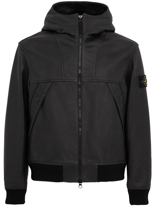 Stone Island: Leather zip-up hooded jacket - Black - men_0 | Luisa Via Roma