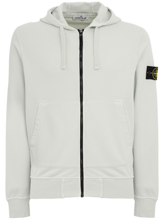 Stone Island: Logo棉质拉链开合连帽卫衣 - 天蓝色 - men_0 | Luisa Via Roma