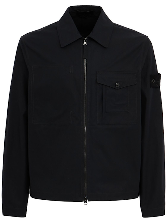 Stone Island: Logo cotton zip-up overshirt - 黑色 - men_0 | Luisa Via Roma