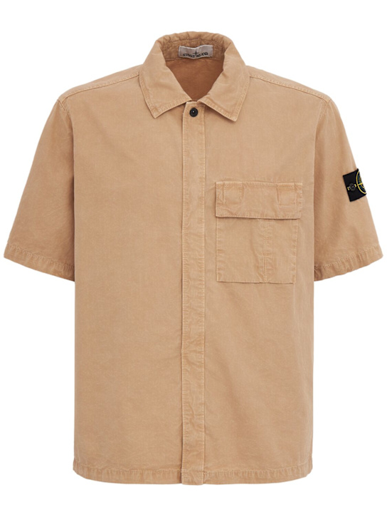 Stone Island: Logo cotton short sleeved shirt - 沙漠色 - men_0 | Luisa Via Roma
