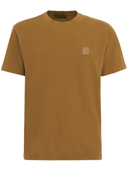 Stone Island: LOGO贴片棉质T恤 - 深米黄色 - men_0 | Luisa Via Roma