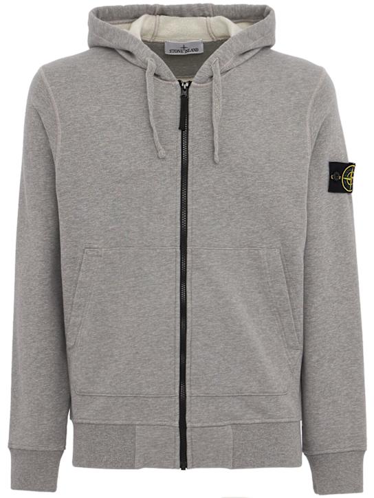 Stone Island: Logo cotton zip up hoodie - Gris Mezclado - men_0 | Luisa Via Roma