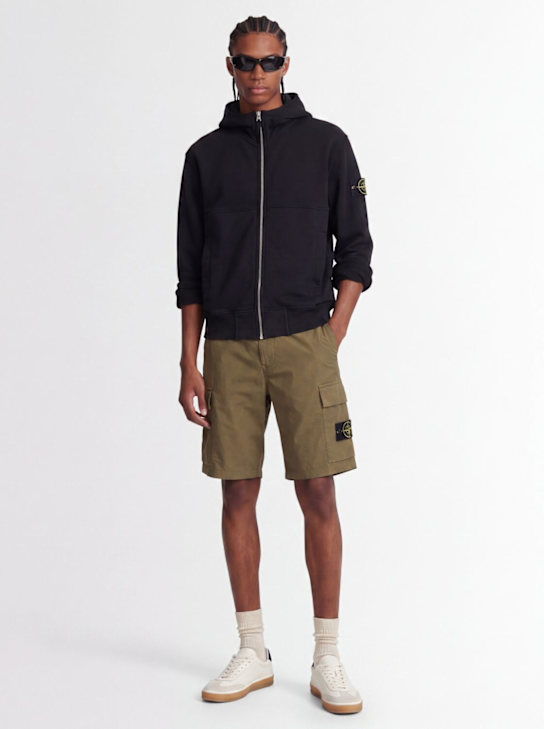 Stone Island: Logo cotton regular shorts - Military Green - men_1 | Luisa Via Roma