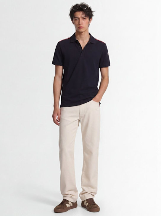 Moncler: Tricolor-Trimmed cotton polo shirt - Dark Blue - men_1 | Luisa Via Roma