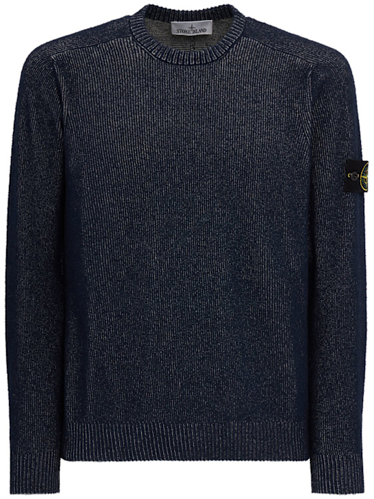 Stone Island: Logo混棉圆领毛衣 - 麻蓝色 - men_0 | Luisa Via Roma