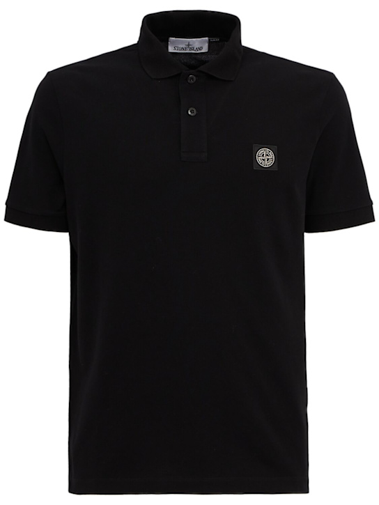 Stone Island: Logo贴片棉质POLO衫 - 黑色 - men_0 | Luisa Via Roma