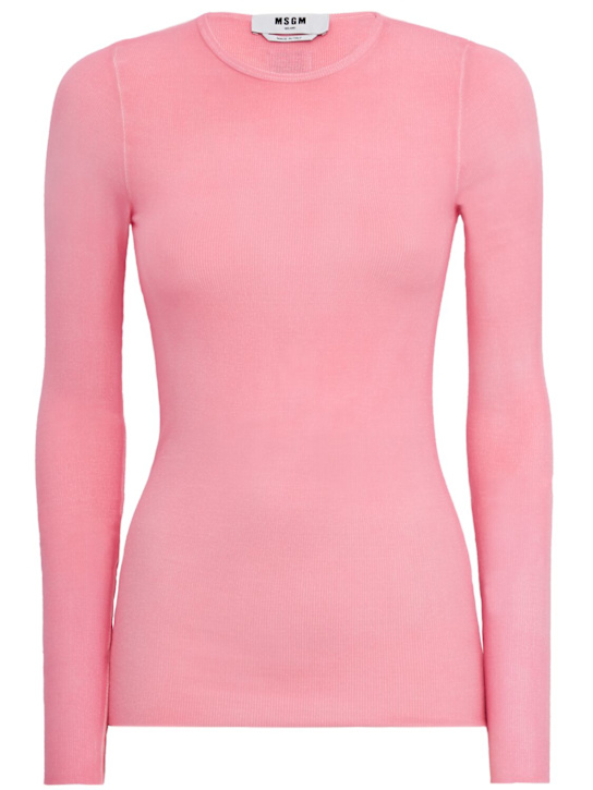 MSGM: Ribbed long sleeve stretch t-shirt - 粉色 - women_0 | Luisa Via Roma