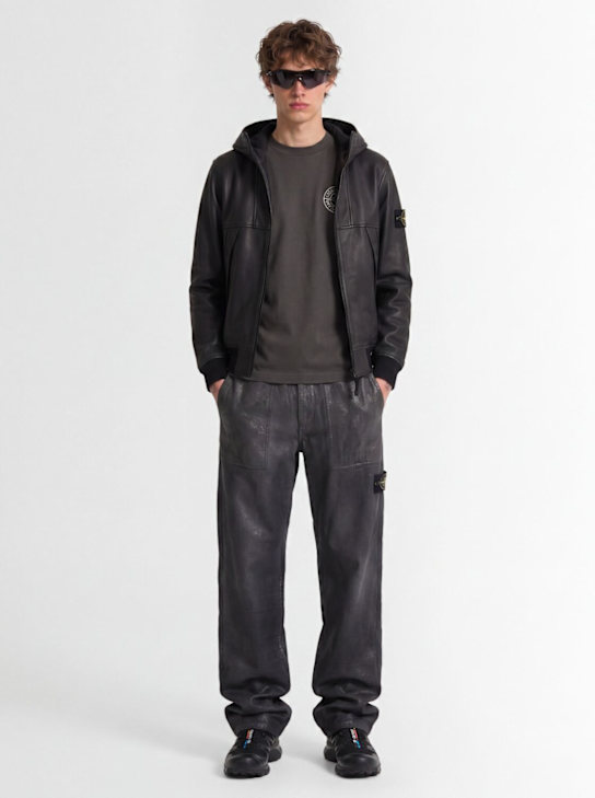 Stone Island: Leather zip-up hooded jacket - 黑色 - men_1 | Luisa Via Roma