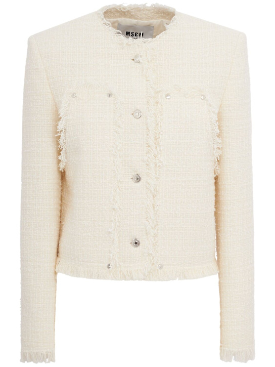 MSGM: Fringed bouclé blazer - Off White - women_0 | Luisa Via Roma