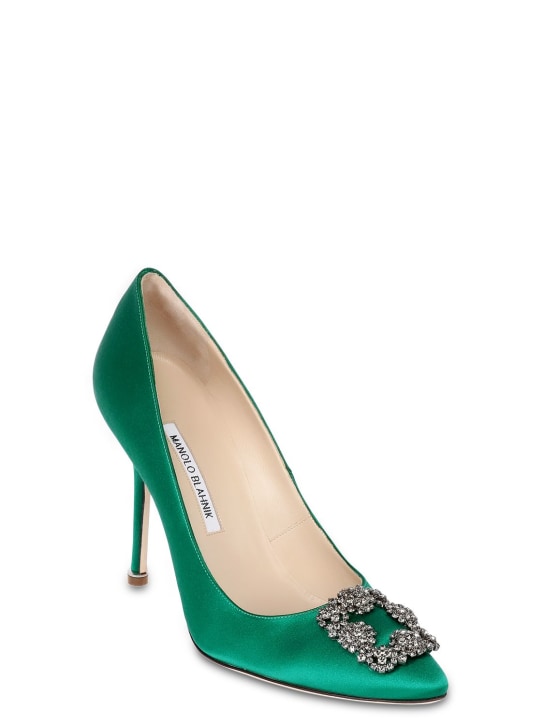 Manolo Blahnik: 105mm Hangisi satin pumps - Emerald - women_2 | Luisa Via Roma